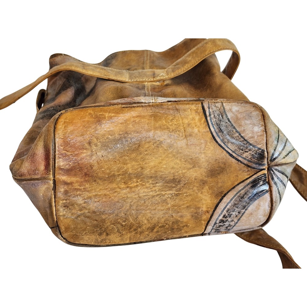 Botany Hand Painted Leather Bucket Bag Tan Artistic Crossbody Boho Vintage - Picture 4 of 7